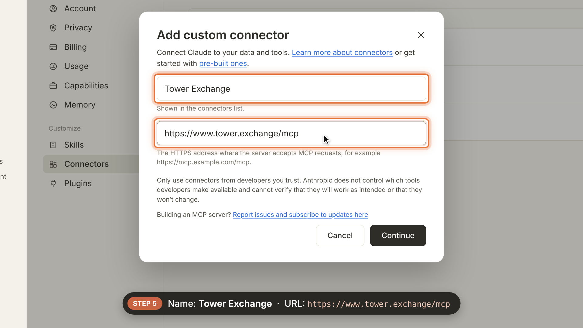 Step 5 = Name: Tower Exchange | URL: https://www.tower.exchange/mcp