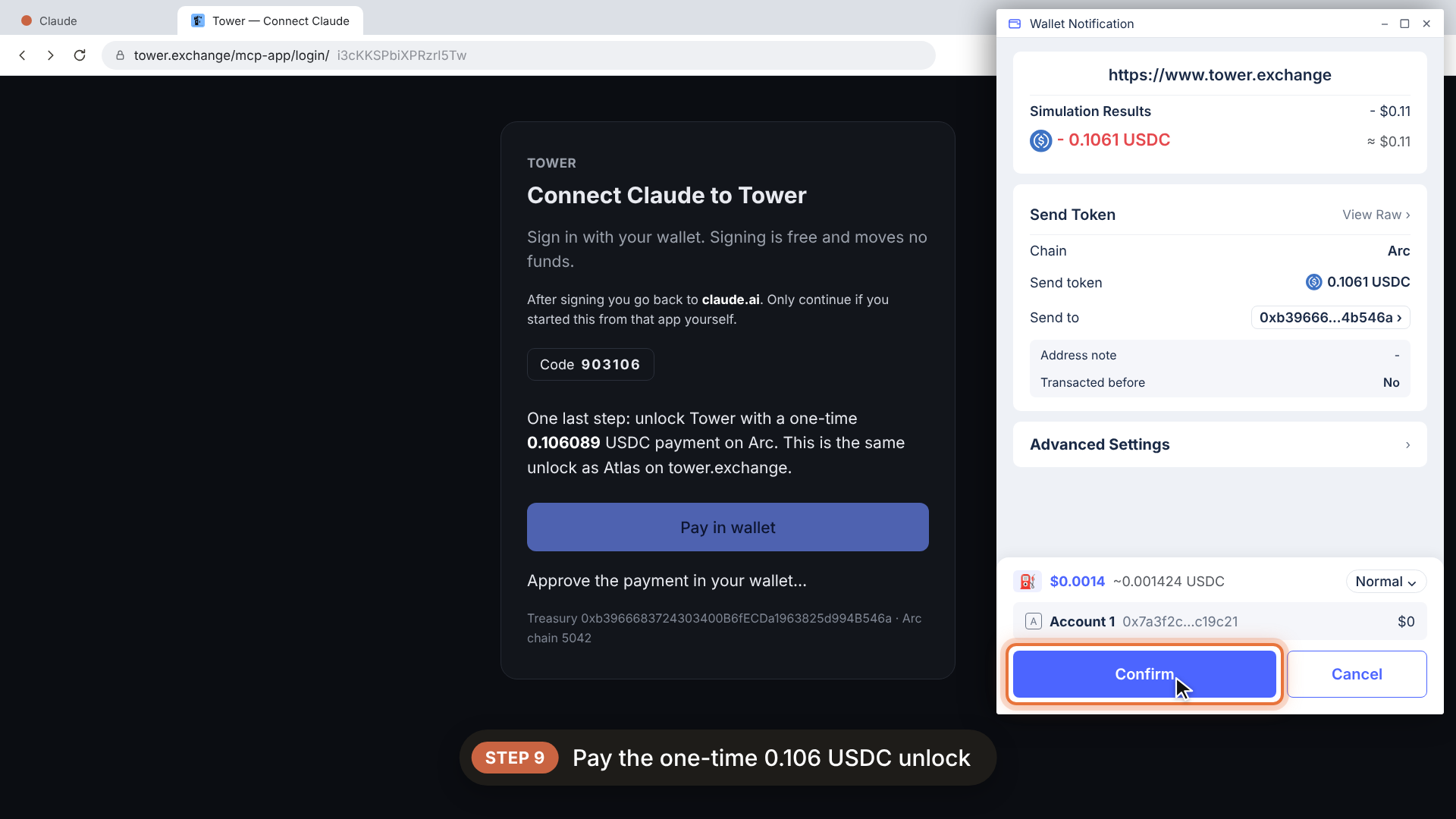 Step 9a: One-time unlock in wallet